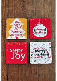 Resim Doğal Taş Bardak Altlığı 4'lü Set 10x10x1 Cm Yılbaşı, Yeni Yıl, Merry Christimas-stone Coasters Çok Renkli 