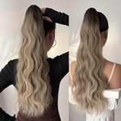 Resim 60,96 inç uzunlu dalgalı ombre kuyruk uzantısı - Isıya dayanıklı sentetik lif, Blonde ile koyu kahverengi, Kadınların günlük saç aksesuarı, Kuyruk tutucu|Dalgalı dokulu|Isıya dayanıklı lif, Kuyruk saç parçası 
