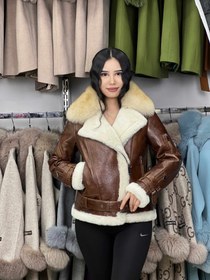 Resim Hakiki Tilki Aksesuarlı Kahverengi Koyun Kürk Manto OZEL1 (Standart Kesim) - XL 