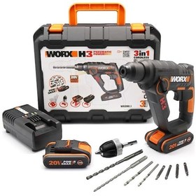 Resim Worx WX390.1 20V 2.0Ah Li-ion Profesyonel SDS-Plus Pnömatik Çift Akülü Şarjlı Matkap + 8 Adet Uç + Mandren 