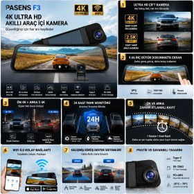 Resim Conio PASENS F3 4K+2.5K Çift Kameralı Araç İçi DVR - 32GB Hafıza Kartı + 24H Park İzleme Kablosu HEDİYELİ, 9.66” IPS Dokunmatik, WiFi, ADAS 
