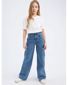Resim DeFacto Kız Çocuk Wide Leg Kargo Geniş Bol Paça Pamuklu Jean Pantolon D7091A825SMNM28 Mavi 
