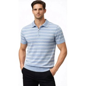Resim Beruflic Erkek Triko Polo Yaka Fermuarlı Çizgili Tişört T-Shirt Yazlık Şık - Bebek Mavisi 