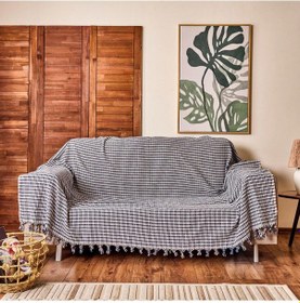 Resim Soft Dama Koltuk Örtüsü - Ekru / Lacivert - 180x200 Cm Çok Renkli 