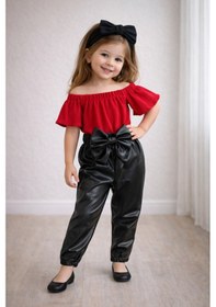 Resim Özge Başaran Kız Çocuk Likralı Deri Fiyonk Detaylı Pantolon Kırmızı Straplez Crop Bluz Ve Saç Kırmızı 
