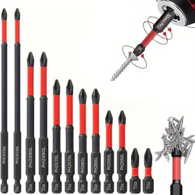 Resim 6 Adet Manyetik Tornavida Ucu Seti] Kaymaz S2 Çelik Manyetik Tornavida Matkap Ucu Seti, 1/4" Şaft, Phillips Haç ve Darbe Başlıkları, Kırmızı & Siyah, Elektrikli & Manuel Sürücüler için 