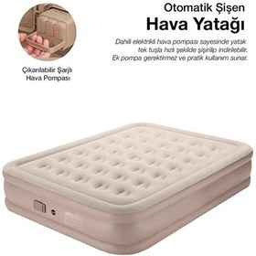 Resim Çift Kişilik Şişme Yatak Ortopedik 40 Cm Yüksek 450 Kg Taşıma Kapasiteli Kamp Yatağı Bej 