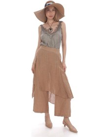 Resim Bohem Stil İtalyan Ham Keten Pantolon Etek-8747 Camel 