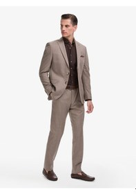 Resim Cacharel Açık Kahverengi Slim Fit Yün Keten Karışımlı Mikro Desen Mono Yaka Takım Elbise 