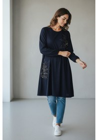 Resim Ece Giyim Kadın Fitilli Kaşkorse Önü Taşlı Kolağzı Lastikli Battal Beden Tunik Lacivert 