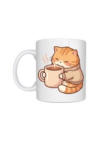 Resim Sevimli Kedi Tasarımlı Porselen Kupa Model 188 Kahve İçen Tatlı Kedi Figürlü Kahve Kupası Kedi Severlere Hediye Kupa Bardak Beyaz 