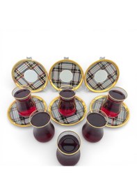 Resim Sudedi Home Gerçek Altın Yaldızlı Gold Ekose 12 Parça Çay Seti Cam Bardak & Cam Tabak Özel Seri Çok renkli 