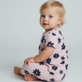 Resim SERRASTIL Kız Bebek Çiçek Baskılı Lila Renkli %100 Pamuk Kısa Kollu Pijama Takımı 