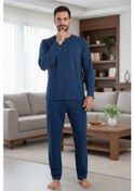Resim Yakası Düğmeli %100 Pamuk Erkek Penye Pijama Takımı 9711 Lacivert Lacivert 