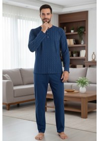 Resim Yakası Düğmeli %100 Pamuk Erkek Penye Pijama Takımı 9711 Lacivert Lacivert 