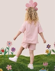 Resim Pembe Oversize T-shirt Şort Takım Kız Çocuk%100 Pamuk 