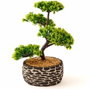 Resim Objevi Dekoratif Saksılı Bonsai Meri Yapay Çiçek - Siyah / Yeşil - 20x20x36 cm 