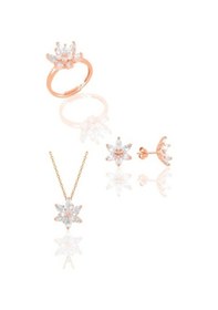 Resim Gümüş Rose Taşlı Nilüfer Lotus Çiçeği Üçlü Set 