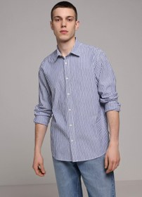 Resim Regular Fit Shirt Neck Çizgili Erkek Mavi Uzun Kol Gömlek Colin's