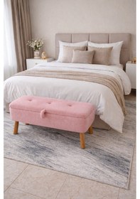 Resim Yatak Önü Sandıklı Puf,ve Giyinme Odası,puf Bench, Pembe Peluş Kumaş Patlıcan Ayak Sandıklı Pembe 