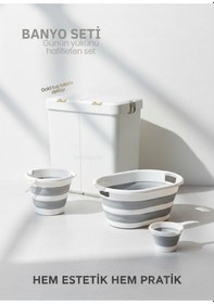 Resim 4 Lü Katlanabilir Çamaşır Sepeti Seti 80 Litre Gold/beyaz Kirli Sepeti, Sele, Su Kovası Ve Maşrapa Beyaz - Gri 