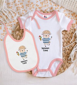Resim Bk Kids Summer Time Tasarımlı Pembe Bebek Body Zıbın Ve Mama Önlüğü Hediye Seti-1 Çok Renkli 