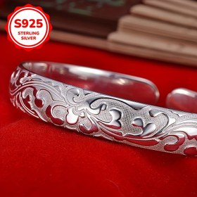 Resim Elegant 925 Gümüş Açık Çalışma Bileklik Bileklik Çiçek ve Geometrik Desenler ile - Anneler Günü Hediyesi, Tüm Mevsimler İçin Aksesuar, Festival Aksesuarı|Şık Bileklik|Dayanıklı Metal, Gümüş Bileklik 