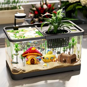 Resim Büyük Siyah Akvaryum Kapaklı ve Bitki Sepeti ile - Ev Dekoru için Şeffaf Balık Tankı, Dekoratif Elementlerle Kaplumbağa Habitatı, Oturma Odası veya Ofis için Mükemmel, Akvaryum Aksesuarları 
