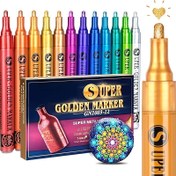 Resim Altın Metal İşaretleyici, Parlak Metallik Parıltılı Kalemlerin 12 Rengi, Taş Boyama için Akrilik İşaretleyiciler, Cam, Ahşap, Kumaş, Siyah Kağıt, Kartlar, Scrapbook'lar, Profesyonel Teknik Çizim için 2-3mm 