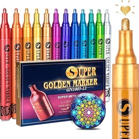 Resim Altın Metal İşaretleyici, Parlak Metallik Parıltılı Kalemlerin 12 Rengi, Taş Boyama için Akrilik İşaretleyiciler, Cam, Ahşap, Kumaş, Siyah Kağıt, Kartlar, Scrapbook'lar, Profesyonel Teknik Çizim için 2-3mm 
