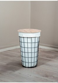 Resim Uykula Banyo Düzenleyici Tel Kirli Sepet Ahşap Kapaklı Metal Gövde Kumaşlı Çamaşır Sepeti Banyo Aksesuar Siyah 