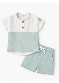 Resim Babyhola Erkek Bebek Müslin Kumaş Şortlu Takım Yazlık Kısa Kollu 2 Li Takım 22455 Mint 