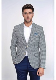 Resim Lacivert Kazayağı Desenli Gold Renk Metal Düğmeli Slim Fit Erkek Blazer Ceket - Wessi Navy Blue 