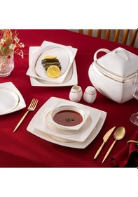Resim Emsan Fine Bone Hale 60 Parça 12 Kişilik Kare Yemek Takımı Gold Beyaz - Gold 