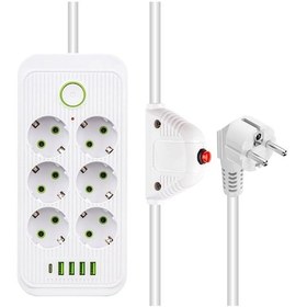 Resim 6'lı Akım Korumalı Priz, 1.5 Metre Kablo, 4 X Usb, 1 X Type-c Pd Girişli, Altılı Priz Çoklayıcı Grup Priz, Maks 16a Kapasite, 3000w Güç, Anahtarlı, Topraklı, Çocuk Korumalı, Beyaz 1 