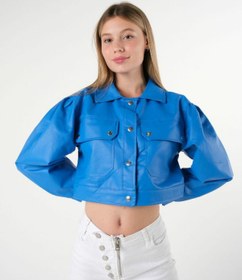 Resim Bleu Petite Mavi Renk Crop Model Suni Deri Kadın Ceket 