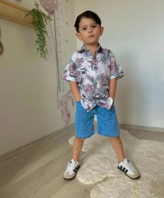 Resim Cg Kids Yaprak Desenli Keten Gömlek Jean Kot Şort Erkek Çocuk Alt Siyah - Beyaz - Gri - Kırmızı 