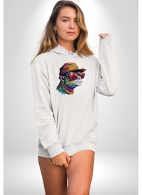 Resim Gözlük Şapka Mukalemun Kadın Erkek Beyaz Kapüşonlu Sweatshirt Hoodie Beyaz 
