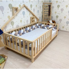 Resim woodandmontessori Montessori Doğal Ahşap Çatılı Çocuk Yer Yatağı 