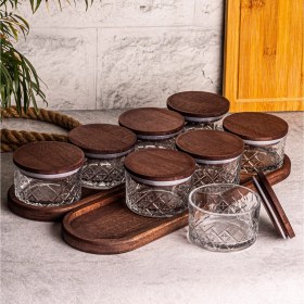 Resim Snippy Milla 10 Parça Tepsili Ahşap Vakumlu Kapaklı Cam Kahvaltılık Çok Amaçlı Cam Çerezlik 230ML 