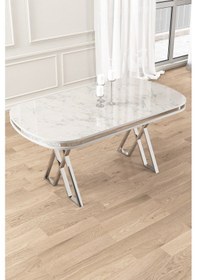 Resim Canisa Afe Serisi 90x168 Lak Panel Beyaz Mermer Desen Krom Ayak Masa Takımı 6 Antrasit Sandalye Beyaz Mermer Desen Masa Sandalyeler Antrasit 