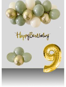 Resim 9 Yaş Retro Krom Gold Küf Yeşili Kum Beji Balon Happy Birthday Banner Gold Rakam Doğum Günü Süsleme Çok Renkli 