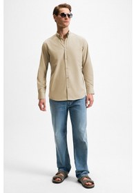 Resim Grimelange RISTO Erkek Düğmeli Yıkama Sonrası Ütü İhtiyacını En Aza İndiren Kumaş Gömlek Yaka Manşetli Bej Göml 