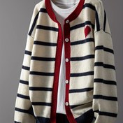 Resim Kadın Şık Hırka - Kırmızı Detaylı & Lacivert Çizgili Kazak, Uzun Kollu Düğmeli Kapama, Sonbahar/Kış Katmanlama Temel Parçası, Günlük & Resmi Kombinler İçin, Moda Tutkunları, Şık Üst, Dayanıklı Yapı, Klasik Örme, Kışlık Gardırop 