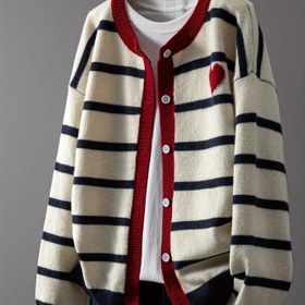 Resim Kadın Şık Hırka - Kırmızı Detaylı & Lacivert Çizgili Kazak, Uzun Kollu Düğmeli Kapama, Sonbahar/Kış Katmanlama Temel Parçası, Günlük & Resmi Kombinler İçin, Moda Tutkunları, Şık Üst, Dayanıklı Yapı, Klasik Örme, Kışlık Gardırop 