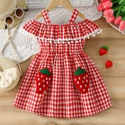 Resim Küçük Kızlar İçin Şirin Kırmızı ve Beyaz Checkered Askılı Çilek Elbisesi - Tatlı Tarz, Polyester, Yazlık Rahat Giyim, Çilek Temalı Ürünler 