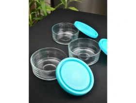 Resim 3'lü Cam 12 cm Saklama Kabı Kapaklı Kahvaltılık Mavi 