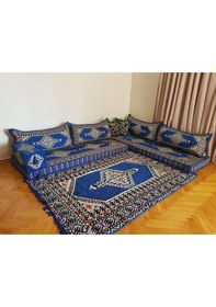 Resim Şark Köşesi Minderi Saraylı Desenli Kilim Takımı Konsept Mavi 