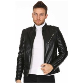 Resim Hakiki Kuzu Derisi Fermuarlı İşlemeli Erkek Deri Ceket Siyah Siyah 