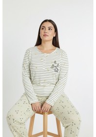 Resim Bravie Üstü Yatay Çizgili Altı Desenli Elite Viscose Uzun Büyük Beden Pijama Takımı Beyaz 3590 Beyaz 